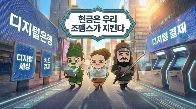디지털 세상에서 현금의 가치와 소중함을 알리는 ‘조팸스(JOFAMS: 조폐+패밀리 합성어)’ 캐릭터(훈민, 다임, 순식)들의 활동 모습. (AI 이미지 활용) [조폐공사 제공]