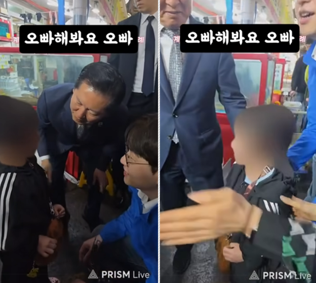 3일 오전 부산 북구 구포시장을 순회하던 정청래 더불어민주당 당대표와 하정우 부산 북갑 국회의원 후보가 초등학교 1학년 여아를 만나 기념촬영을 하는 과정에서 하정우 후보에게 ‘오빠’라고 불러보라고 누차 권한 모습이 담긴 영상이 확산되고 있다. [성일종 국회의원 페이스북 게시 영상 갈무리]