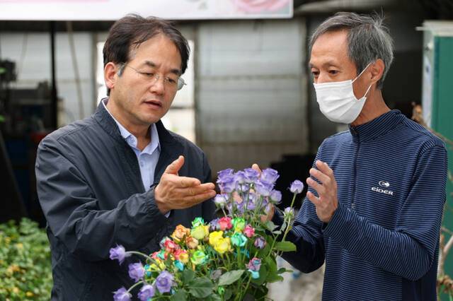 6·3 지방선거에서 국민의힘 고양시장 후보로 재선에 도전하는 이동환 고양특례시장이 일산서구 구산동 소재 장미 재배 농가를 방문해 농장 관계자와 이야기를 나누고 있다. 고양특례시 제공