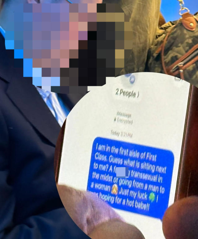 미국의 트랜스젠더 배우 토미 도프먼이 비행기에서 옆자리에 앉은 중년 남성이 자신에 관해 혐오성 메시지를 보내는 모습을 포착했다며 SNS에 공개한 사진. 인스타그램 캡처
