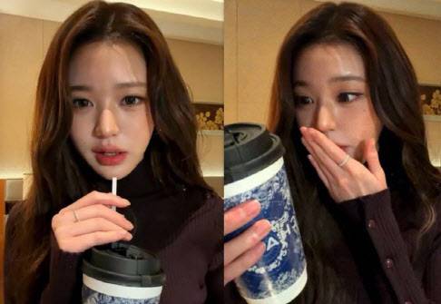 걸그룹 아이브 멤버 장원영이 중국 밀크디 ‘차지’를 마신 뒤 깜짝 놀라는 모습. 장원영 인스타그램 갈무리