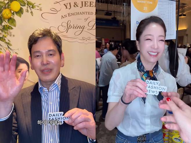‘데일리 패션 뉴스’ 인스타그램을 통해 숏폼 인터뷰를 진행한 신세계 정용진 회장(왼), 전 KBS 아나운서 노현정. 사진캡처 | 데일리 패션 뉴스 SNS