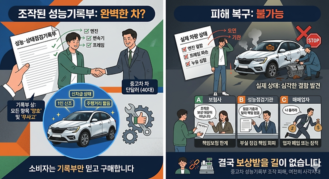 자동차 성능기록부에 결함이 표기돼 있지 않지만, 소비자는 피해 보상을 받지 못하는 제도적 한계를 형상화한 AI 제작 일러스트.