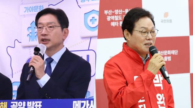 4일 김경수(왼쪽) 더불어민주당 경남지사 후보가 기자회견에서 발언하고 있다. 이날 박완수(오른쪽) 국민의힘 경남지사 후보도 나동연 양산시장 후보 선거사무소를 방문해 발언하고 있다. 최환석 기자·박완수 선거본부 제공