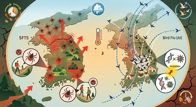 한반도의 감염병 지도가 흔들리고 있다.&nbsp;조류 인플루엔자(AI)의 확산 양상 또한 기후의 변주에 맞춰 한층 교묘해지고 있다. (AI 생성 이미지)/뉴스펭귄