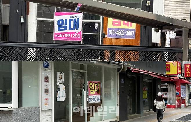 대구 번화가 동성로 인근에서 임대와 매매 포스터가 붙여진 상가를 쉽게 찾아볼 수 있었다.(사진 = 이데일리 김한영 기자)
