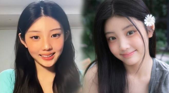 한층 갸름해진 최근 모습(왼쪽)과 사랑스러운 볼살이 매력적인 원희 모습. 사진=위버스 영상 캡처, 아일릿 SNS