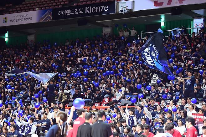 부산 케이씨씨(KCC) 팬들의 지난 4강 플레이오프(PO) 응원 모습. 한국농구연맹 제공