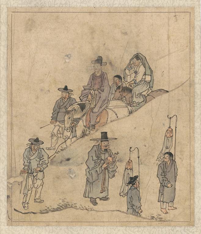 “Marriage Procession,” by Kim Hong-do (1745-1806), depicts a groom’s procession on its way to the bride’s home for the wedding. Lantern bearers and a goose bearer lead the way, followed by the groom riding a white horse. (National Museum of Korea)