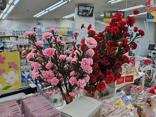 서울 한 생활용품점에서 판매하고 있는 카네이션 조화. 김광우 기자.