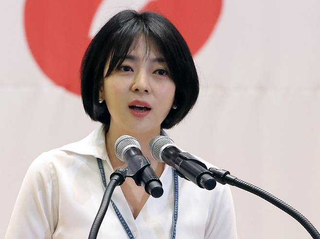 배현진 국민의힘 서울시당위원장이 지난달 30일 오전 서울 여의도 국회에서 열린 ‘제9회 전국동시지방선거 국민의힘 서울시당 필승결의 및 공천자대회에서 인사말을 하고 있다.  2026.4.30/뉴스1