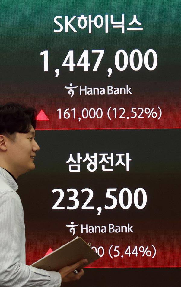 지난 4일 서울 중구 하나은행 딜링룸 현황판에 각 종목의 종가가 표시되고 있다.  연합뉴스