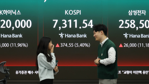 6일 코스피가 7000을 돌파한 서울 중구 하나은행 본점 딜링룸에 주가가 표시되고 있다.