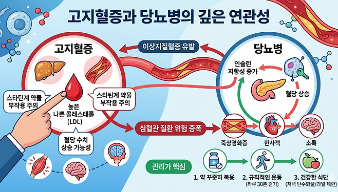 고지혈증 약의 스타틴계 성분이 당뇨병을 유발할 수 있는데 그것을 피하려고 약을 먹지 않으면 심근경색, 심혈관계질환이 올 수 있다고 한다. 고지혈증과 당뇨병과의 상관 관계를 AI를 이용해 생성한 이미지. /손정희 제공