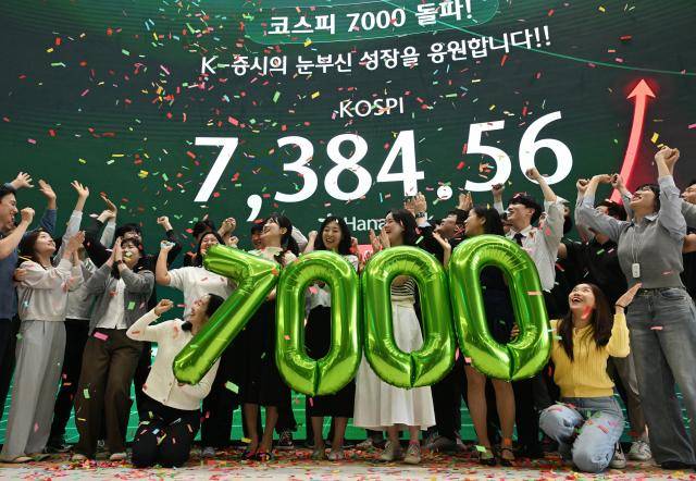 코스피가 전장보다 447.57포인트(6.45%) 오른 7,384.56으로 마감하며 종가 기준 역대 최고치를 경신한 6일 오후 서울 중구 하나은행 딜링룸에서 직원들이 축하 세리머니를 하고 있다. [사진=연합뉴스]