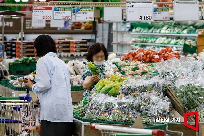 이달 초부터 시작된 때 이른 무더위로 농산물값이 오르는 '히트플레이션' 현상이 나타나며 최근 일주일 새 수박 한 통이 3만원을 넘어서고, 특히 배추나 시금치 같은 더위에 약한 채소 가격이 상승한 가운데 14일 서울 서초구 하나로마트 양재점에 시금치가 진열돼 있다. 2025.7.14. 강진형 기자