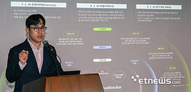 윤성호 마키나락스 대표가 자사 핵심 3개 사업 분야를 설명하고 있다. 이동근기자 foto@etnews.com