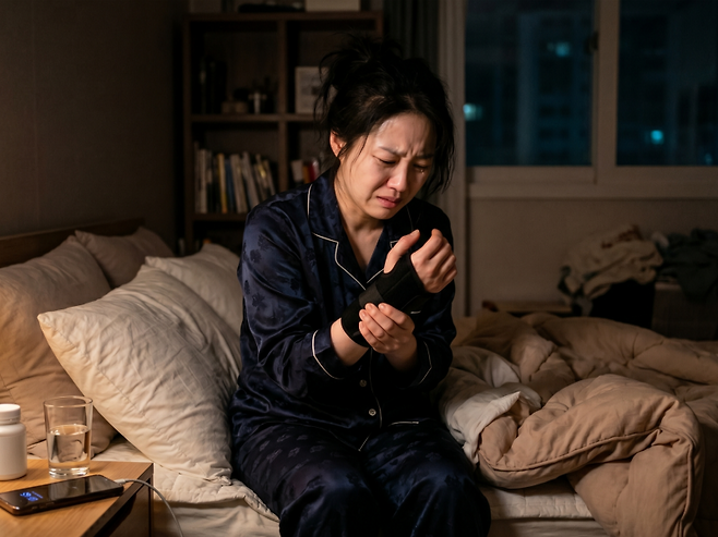 손목터널증후군으로 인해 자다가 깬 30대 직장인 여성을 기반으로 ai를 활용해 작성한 이밎. /사진=Gemini