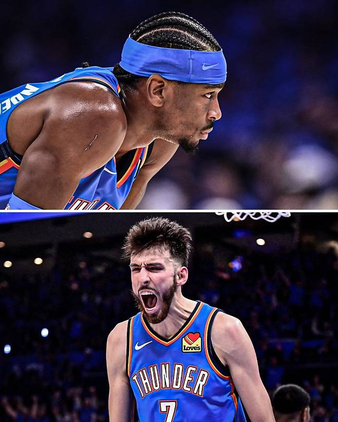 OKC 길저스-알렉산더(위)와 홈그렌이 6일 LA와의 2025~26 NBA 서부콘퍼런스 PO 2라운드 1차전서 42점을 합작하며 팀 승리에 기여했다. 사진=ESPN SNS