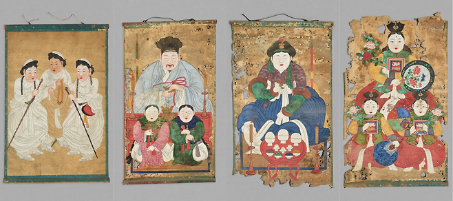 서울 금성당 무신도의 ‘삼불사할머니’, ‘맹인도사’, ‘맹인삼신마누라’, ‘삼궁애기씨’(왼쪽부터) 국가유산청 제공