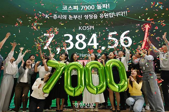 코스피가 전장보다 447.57포인트(6.45%) 오른 7,384.56으로 마감하며 종가 기준 역대 최고치를 경신한 6일 오후 서울 중구 하나은행 딜링룸에서 직원들이 축하 세리머니를 하고 있다. 강윤중 선임기자