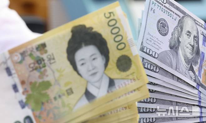 [서울=뉴시스] 황준선 기자 = 사진은 지난해 5월22일 서울 중구 하나은행 위변조대응센터에서 직원이 달러화와 원화를 정리하고 있는 모습. 2025.05.22. hwang@newsis.com