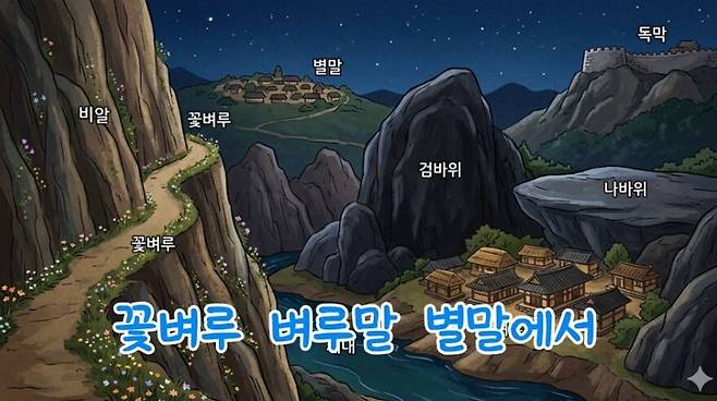 우리 땅이름의 아름다움이 강조된 장면. ‘꽃벼루’, ‘검바위’ 등 우리 땅의 숨결이 담긴 이름들을 서정적인 느낌으로 표현했다.&nbsp;제미나이(AI) 생성 이미지.