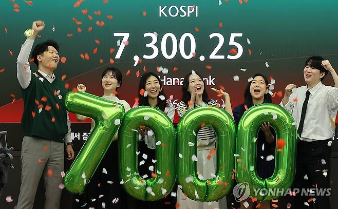 '꿈의 7천피' (서울=연합뉴스) 최재구 기자 = 코스피가 7천을 돌파한 6일 서울 중구 하나은행 본점 딜링룸에서 직원들이 축하 세리머니를 하고 있다. 2026.5.6 jjaeck9@yna.co.kr