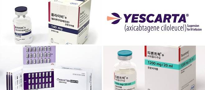 윗줄 왼쪽부터 폴라이비, 예스카타. 아랫줄 왼쪽부터 레테브모, 티쎈트릭. 티쎈트릭은 급여 범위 확대를 인정받았다. /사진 출처=로슈, 길리어드, 릴리