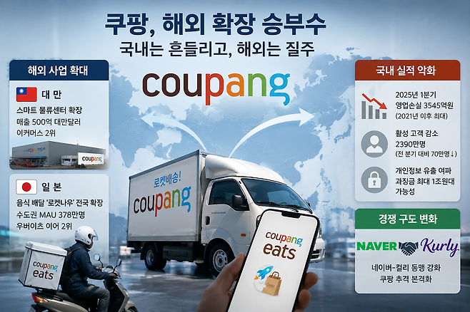 쿠팡이 국내 성장 둔화 속에서도 대만·일본 공략을 강화하고 있다. 국내 시장에선 네이버·컬리 연합까지 가세하면서 국내외 동시 경쟁 부담이 커지고 있다는 분석이 나온다. /기사 내용을 기반으로 챗GPT가 구성한 그래픽 이미지