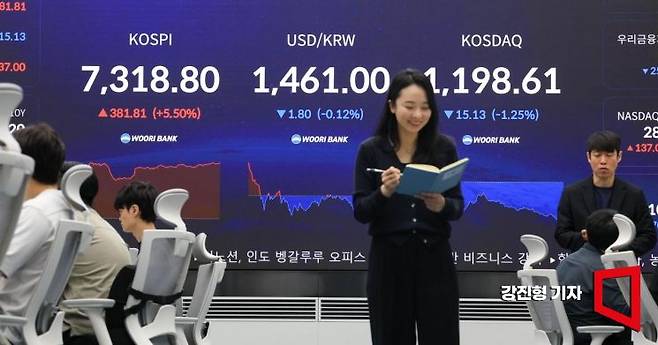 코스피 지수가 사상 처음으로 장중 7000선을 돌파한 6일 서울 중구 우리은행 본점 딜링룸 전광판에 국내증시 지수가 표시돼 있다. 2026.5.6 강진형 기자