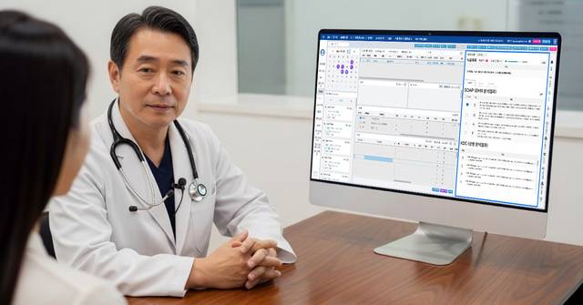 진료 현장에서 한 의사가 'AI 보이스 EMR' 을 활용해 환자와의 대화를 기록하고 있다. 비트컴퓨터 제공