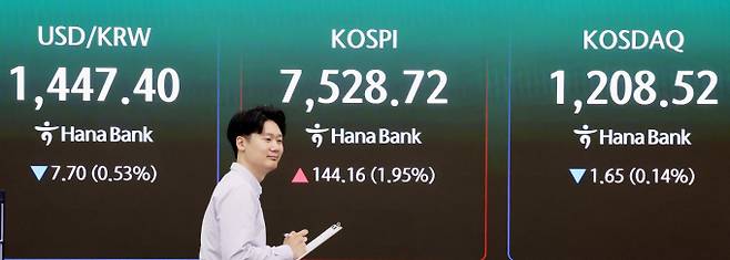 7일 코스피가 사상 최고치를 쓴 뒤 숨 고르기에 들어갔다. 사진은 이날 오전 개장 시황이 표시되는 서울 중구 하나은행 딜링룸 전광판. /사진=뉴스1