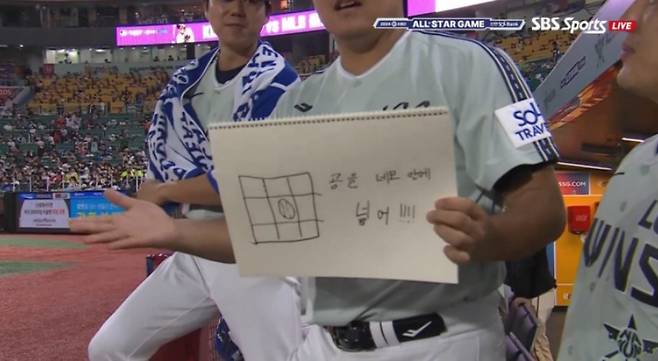 2024년 KBO 올스타전에서 스케치북에 볼넷을 내준 동료를 향해 '공을 네모 안에 넣어'라는 메시지를 적어 불만을 표하는 장현식. 경기 중 흔히 볼 수 있는 문구로 팬들의 많은 공감을 자아냈다. /사진=SBS스포츠 중계화면 갈무리