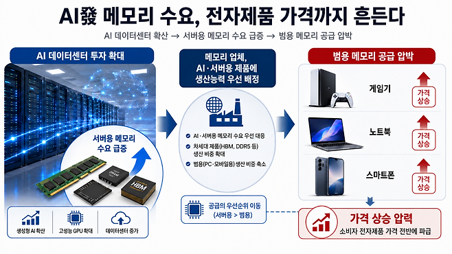AI 데이터센터 투자 확대로 서버용 메모리 수요가 급증하고, 그 여파로 게임기·노트북·스마트폰 등에 쓰이는 범용 메모리 공급이 압박받으면서 전자제품 가격 상승 압력이 커지는 흐름을 보여주고 있다.(사진=챗GPT AI 생성)