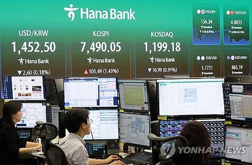 코스피 사상 최고치(서울=연합뉴스) 한종찬 기자 = 코스피 지수가 사상 최고치로 마감한 7일 오후 서울 중구 하나은행 본점 딜링룸 현황판에 전장대비 105.49포인트(1.43%) 상승한 7,490.05가 표시되고 있다. 2026.5.7 saba@yna.co.kr