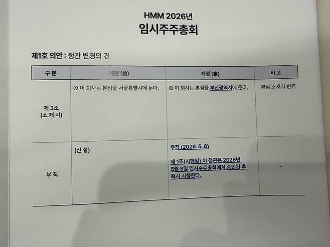 8일 여의도 파크원 타워1에서 열린 HMM 2026년 임시주주총회 의안설명서. 사진=강구귀 기자