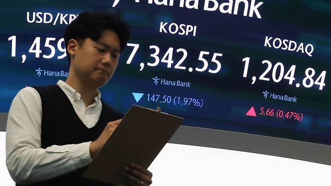8일 서울 중구 하나은행 딜링룸 현황판에 코스피가 표시되고 있다. 연합뉴스 제공