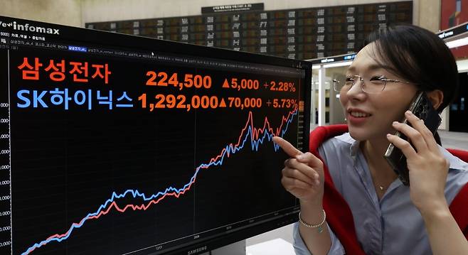 지난달 서울 여의도 한국거래소 현황판에  삼성전자 하이닉스 종가가 표시돼있다. /사진=최혁 기자