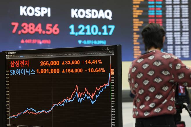 한국거래소 서울사무소 전광판에 비친 삼성전자와 SK하이닉스 주가 현황/ 사진=연합뉴스