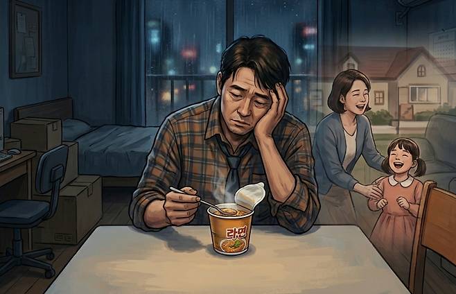 20년 차 제약회사 영업 관리자이자 10년째 '기러기 아빠'로 살아온 50대 가장 A씨의 사연이 전해졌다. A씨는 고시원 같은 원룸에서 컵라면으로 끼니를 때우며 10년간 8억원에 달하는 생활비를 보냈지만, 아내는 그 돈으로 미국에서 화려한 파티와 골프를 즐긴 것으로 드러났다. 딸의 대학 진학 이후 A씨가 미국으로 가겠다고 했지만 아내는 이를 거부하며 지금처럼 돈을 벌라고 했다. 사진은 기사 내용과 무관하게 AI(인공지능)가 생성한 이미지입니다./사진=구글 제미나이