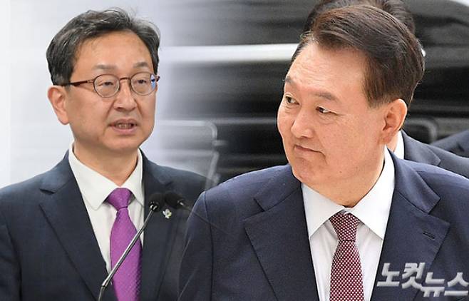 윤석열 전 대통령과 정승윤 전 권익위 부위원장 겸 사무처장. 박종민·류영주 기자