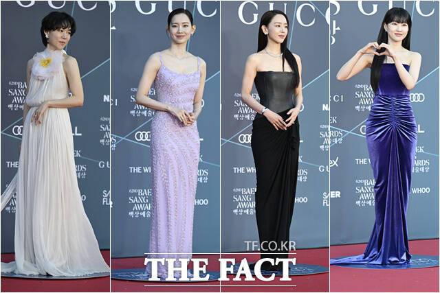 배우 한예리와 신현빈, 신혜선, 하윤경(왼쪽부터)이 8일 오후 서울 강남구 코엑스에서 열린 제62회 백상예술대상에 참석해 레드카펫에서 포즈를 취하고 있다. .