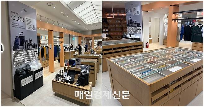 (왼쪽부터) 오로르 팝업존, 볼펜 진열대. [변덕호 기자]
