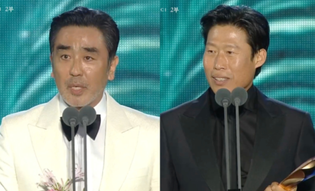 30여 년 전, 대학로 극단 생활을 하며 조치원 비데 공장에서 함께 아르바이트를 했던 배우 류승룡과 유해진이 나란히 최고의 자리에 오른 서사는 이번 시상식의 백미였다. /JTBC '백상예솔대상 시상식'