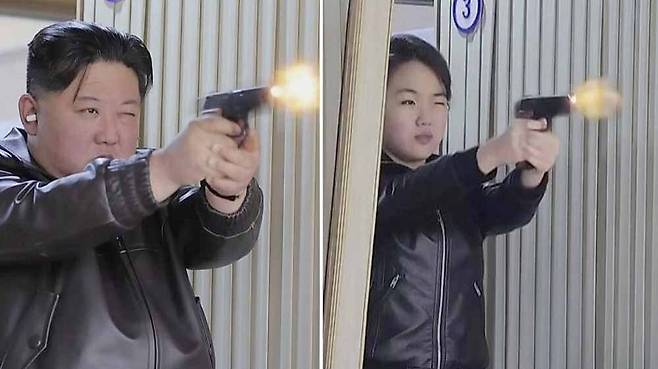 가죽 재킷을 맞춰 입은 김정은 위원장과 딸 김주애.&nbsp;조선중앙TV&nbsp;캡처