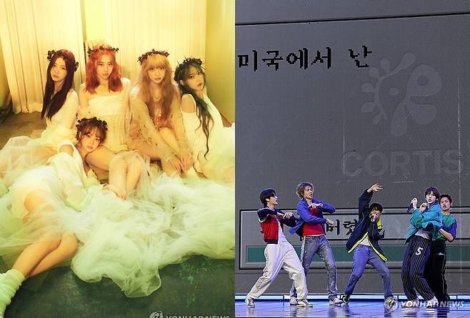 걸그룹 르세라핌(좌)과 그룹 코르티스(우) [쏘스뮤직 제공·연합뉴스 자료 사진. 재판매 및 DB 금지]