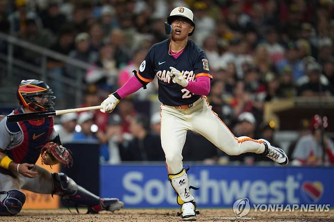 헛스윙 삼진 아쉬워하는 송성문  [AP=연합뉴스]