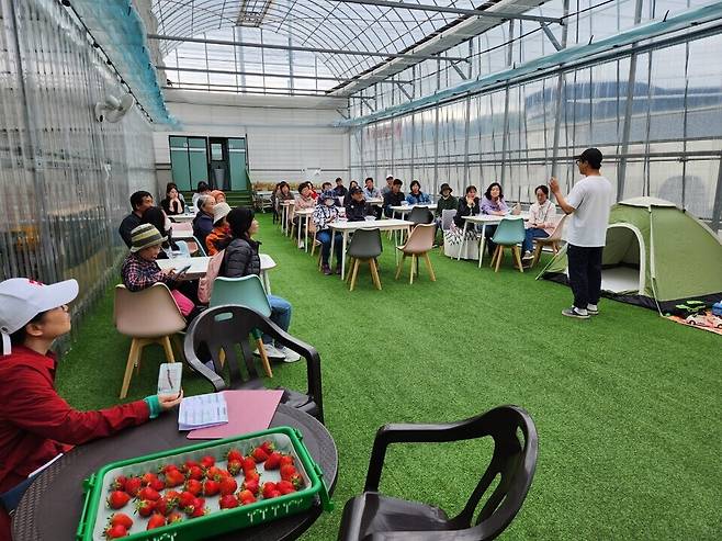 ▲&nbsp;안성시는 시티투어버스도 운영하며 관광객들에게 특별한 추억과 힐링을 전하고 있다. 사진은 관광객들이 딸기수확체험에 관한 설명을 듣고 있는 모습.&nbsp;/사진제공=안성시