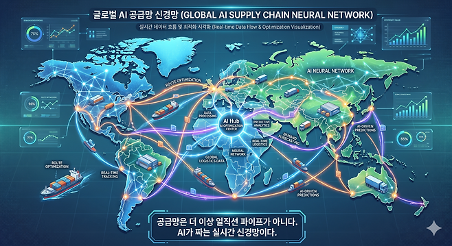 공급망은 더 이상 일직선 파이프가 아니다. 인공지능(AI)이 짜는 실시간 신경망이다. 글로벌 공급망 지도 위에 AI 데이터 흐름을 시각화한 인포그래픽, 컨테이너선·트럭·물류센터를 잇는 디지털 네트워크 일러스트. /서용운 제공
